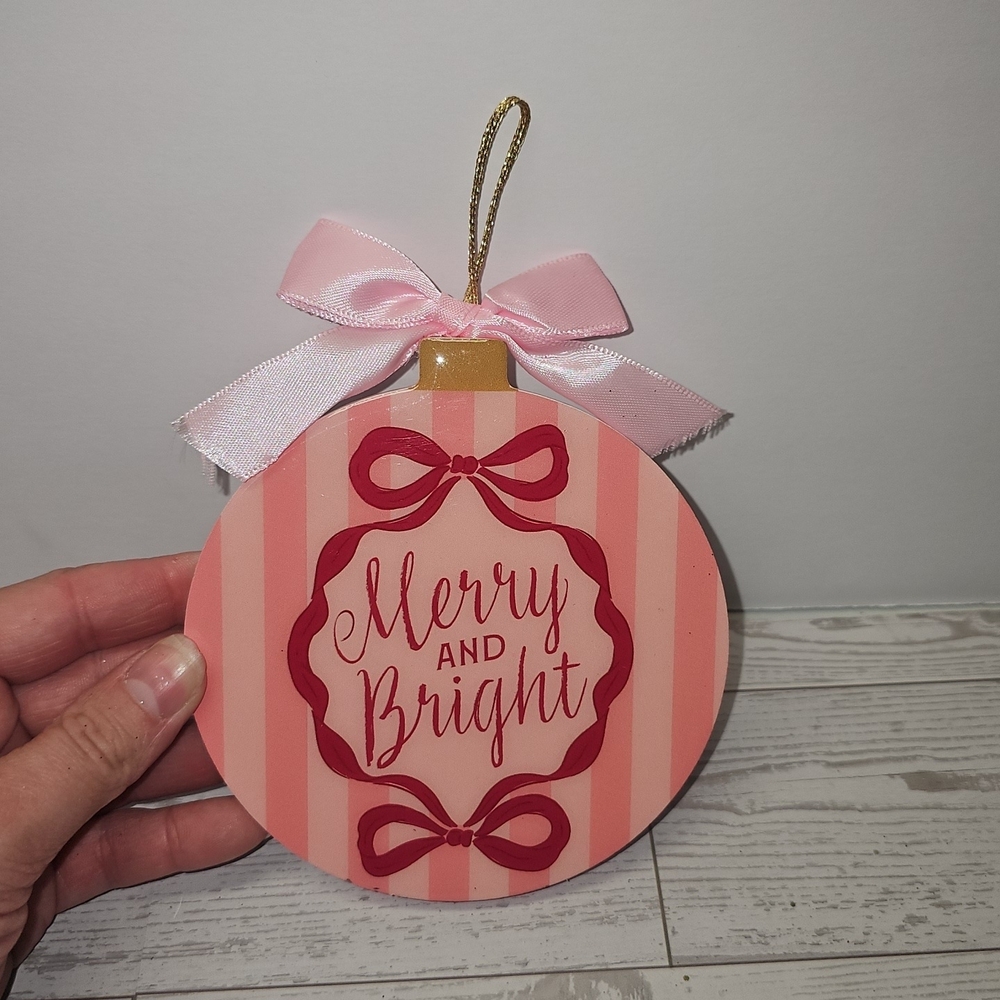 Merry and Bright Pink Holiday Ornament Wall Hanging